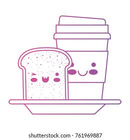 kawaii disposable coffee cup and bread slice in degraded magenta to purple color contour