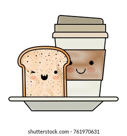 kawaii disposable coffee cup and bread slice in colored crayon silhouette