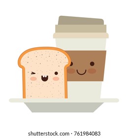 kawaii disposable coffee cup and bread slice in colorful silhouette on white background