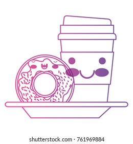 kawaii disposable coffee cup and donut cream glazed in degraded magenta to purple color contour