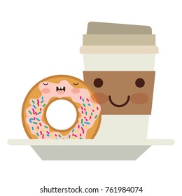 kawaii disposable coffee cup and donut cream glazed in colorful silhouette on white background