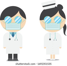 Kawaii  Doctor and Nurse, Vector illustration of use mask doctor and nurse on the white background.