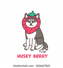 Сute kawaii dog of breed Siberian Husky in funny costume strawberry, isolated on white background. It can be used for sticker, patch, phone case, poster, t-shirt, mug and other design.