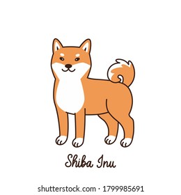 Сute kawaii dog of Japanese breed Shiba Inu isolated on white background. Cartoon vector illustration. It can be used for sticker, patch, phone case, poster, t-shirt, mug and other design.