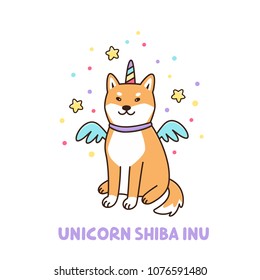 Kawaii dog of shiba inu breed in a unicorn costume. It can be used for sticker, patch, phone case, poster, t-shirt, mug and other design.