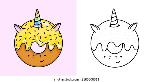Kawaii Donut Clipart Multicolored and Black and White. Cute Kawaii Donut. Vector Illustration of a Kawaii Food for Stickers, Prints for Clothes, Baby Shower, Coloring Pages.
