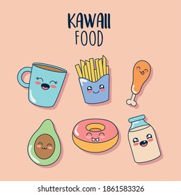 kawaii donut and food icon set over pink background, flat style, vector illustration