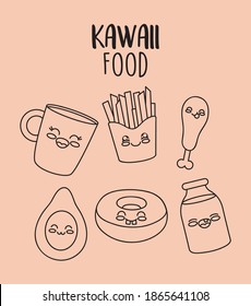 kawaii donut and food icon set over pink background, line style, vector illustration
