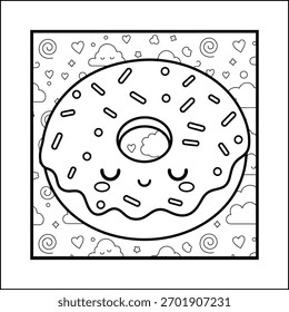 Kawaii Donut with Sprinkles Line Art Vector. Cute Smiling Doughnut with Hearts and Clouds Background Outline for Coloring Page.