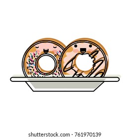 kawaii donuts with cream glaze on dish in watercolor silhouette