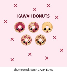 Kawaii donuts. Cute donuts vector illustration.
