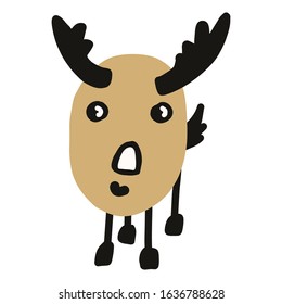 Kawaii doodle antlered deer clipart. Hand drawn naive game animal. Stag with horns cute illustration in flat color. Isolated horn, antler, hunt, season, whitetail. Vector EPS 10. 