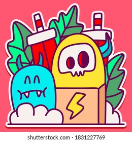 kawaii doodle cartoon monster designs for wallpaper, stickers, coloring books, pins, emblems, logos and more