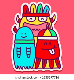 kawaii doodle cartoon monster designs for wallpaper, stickers, coloring books, pins, emblems, logos and more