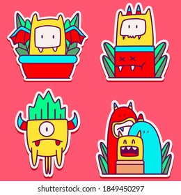 kawaii doodle cartoon monster designs for wallpaper, stickers, coloring books, pins, emblems, logos and more