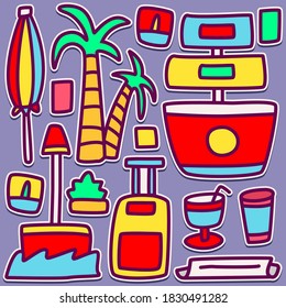 kawaii doodle cartoon summer designs for wallpaper, stickers, coloring books, pins, emblems, logos and more
