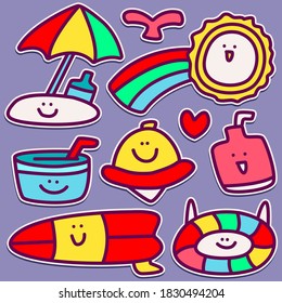 kawaii doodle cartoon summer designs for wallpaper, stickers, coloring books, pins, emblems, logos and more