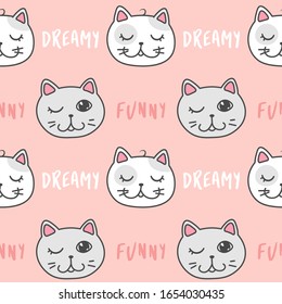 kawaii doodle cat faces seamless pattern on pink background, cute domestic animal, lovely cartoon drawing pet, editable vector illustration for kids decoration, fabric, textile, paper