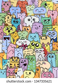 Kawaii doodle cats pattern. Cute animal background. Great for coloring book, wrapping, printing, fabric and textile. Vector illustration