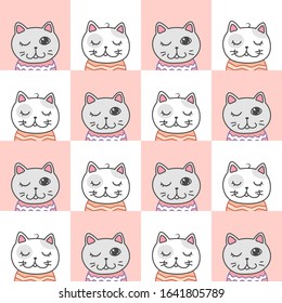 kawaii doodle cats seamless pattern on white-pink background, cute domestic animals, lovely cartoon drawing pets, editable vector illustration for kids decoration, fabric, textile, paper