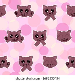 kawaii doodle cats seamless pattern on pink background, cute domestic animals, lovely cartoon drawing pets, editable vector illustration for kids decoration, fabric, textile, paper