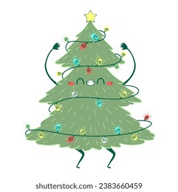 Kawaii doodle Christmas tree dancing. Children's handmade naive style. Simple New Year character isolated on white background. Happy spruce concept