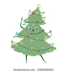 Kawaii doodle Christmas tree dancing. Children's handmade naive style. Simple New Year character isolated on white background. Happy spruce concept