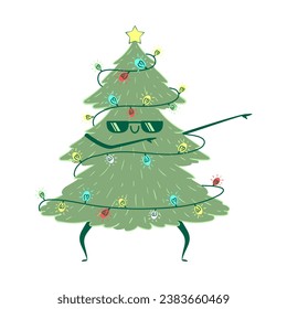 Kawaii doodle Christmas tree dancing. Children's handmade naive style. Simple New Year character isolated on white background. Happy spruce concept