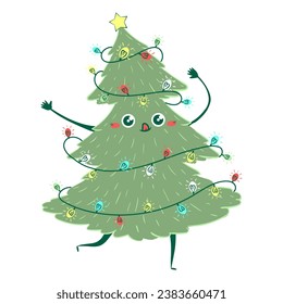 Kawaii doodle Christmas tree dancing. Children's handmade naive style. Simple New Year character isolated on white background. Happy spruce concept