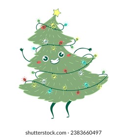 Kawaii doodle Christmas tree dancing. Children's handmade naive style. Simple New Year character isolated on white background. Happy spruce concept