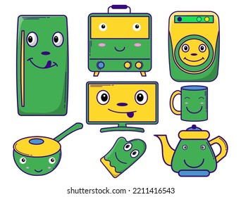 Kawaii or Doodle Collection, Home Appliances decorated with Facial Expression Emoticons