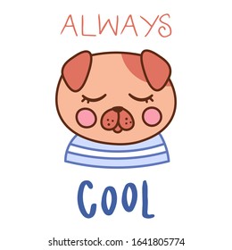 kawaii doodle dog card, cute domestic animal, lovely cartoon drawing pet, pug puppy, editable vector illustration for kids decoration, poster, print