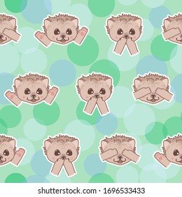 kawaii doodle hedgehogs seamless pattern on green background, cute mammal animals, lovely cartoon drawing pets, editable vector illustration for kids decoration, fabric, textile, paper