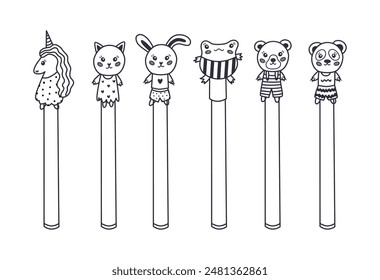 Kawaii doodle pens with animal heads of unicorn, frog, cat, rabbit, bear, panda on the cap. Kids ball ink pen with hand drawn outline for drawing and writing. Back to school supply and stationery