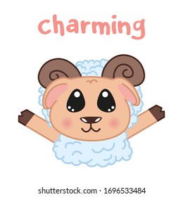 kawaii doodle ram, cute domestic sheep animal, lovely cartoon drawing pet, editable vector illustration for kids decoration, poster, t shirt print, card
