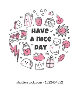 Kawaii doodle set and quotes  cute icons collection