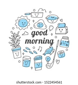 Kawaii doodle set with quotes, cute icons collection