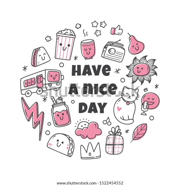 Kawaii doodle set with quotes, cute icons collection.