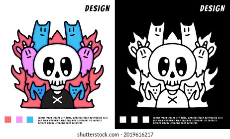 kawaii doodle of skull, cat, and unicorn. illustration for t shirt, poster, logo, sticker, or apparel merchandise.