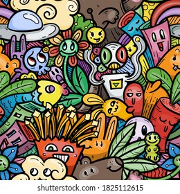 Kawaii doodle smiling monsters seamless pattern for child prints, designs and coloring books. Food, animals, robots, flowers. Vector illustration