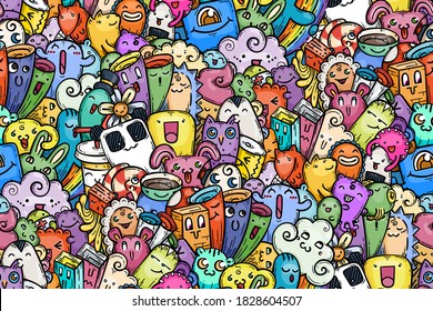 Kawaii doodle smiling monsters seamless pattern for child prints, designs and coloring books. Panda bear, candy, flower, owl, rabbit, tea. Vector illustration