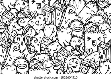 Kawaii doodle smiling monsters seamless pattern for child prints, designs and coloring books. Vector illustration
