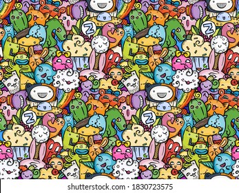 Kawaii doodle smiling monsters seamless pattern for child prints, designs and coloring books. Vector illustration