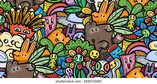 Kawaii doodle smiling monsters seamless pattern for child prints, designs and coloring books. Food, animals, robots, flowers. Vector illustration