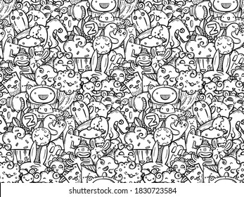 Kawaii doodle smiling monsters seamless pattern for child prints, designs and coloring books. Vector illustration