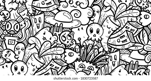 Kawaii doodle smiling monsters seamless pattern for child prints, designs and coloring books. Food, animals, robots, flowers. Vector illustration