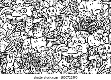 Kawaii doodle smiling monsters seamless pattern for child prints, designs and coloring books. Food, animals, robots, flowers. Vector illustration