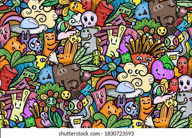 Kawaii doodle smiling monsters seamless pattern for child prints, designs and coloring books. Food, animals, robots, flowers. Vector illustration