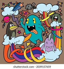 Kawaii doodle smiling monsters seamless pattern for child prints, designs and coloring books. Food, animals, robots, flowers. Vector illustration