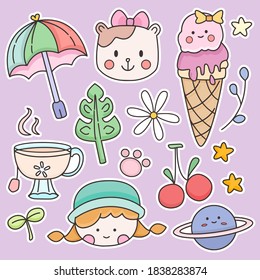 Kawaii doodle sticker drawing bear and girl